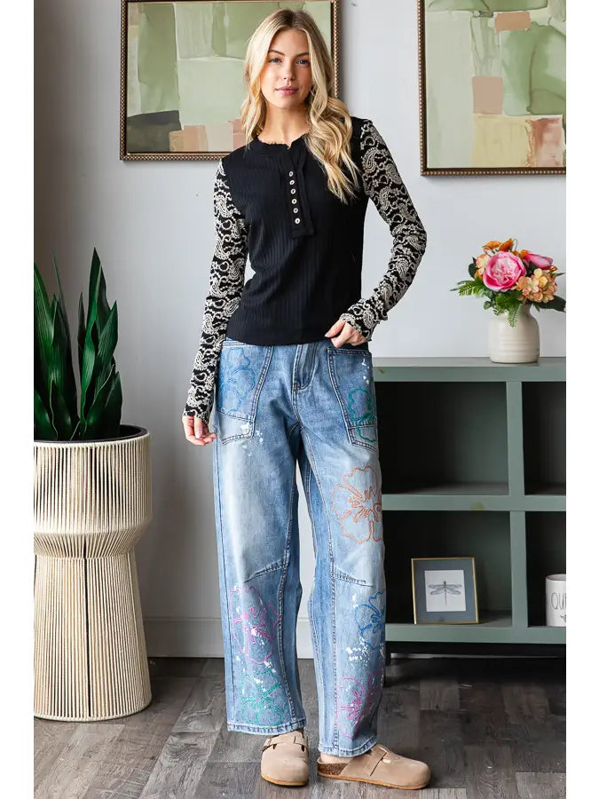 Velvet Lace Sleeve Black and Cream  Henley Long Sleeve