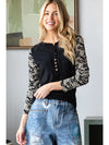 Velvet Lace Sleeve Black and Cream  Henley Long Sleeve