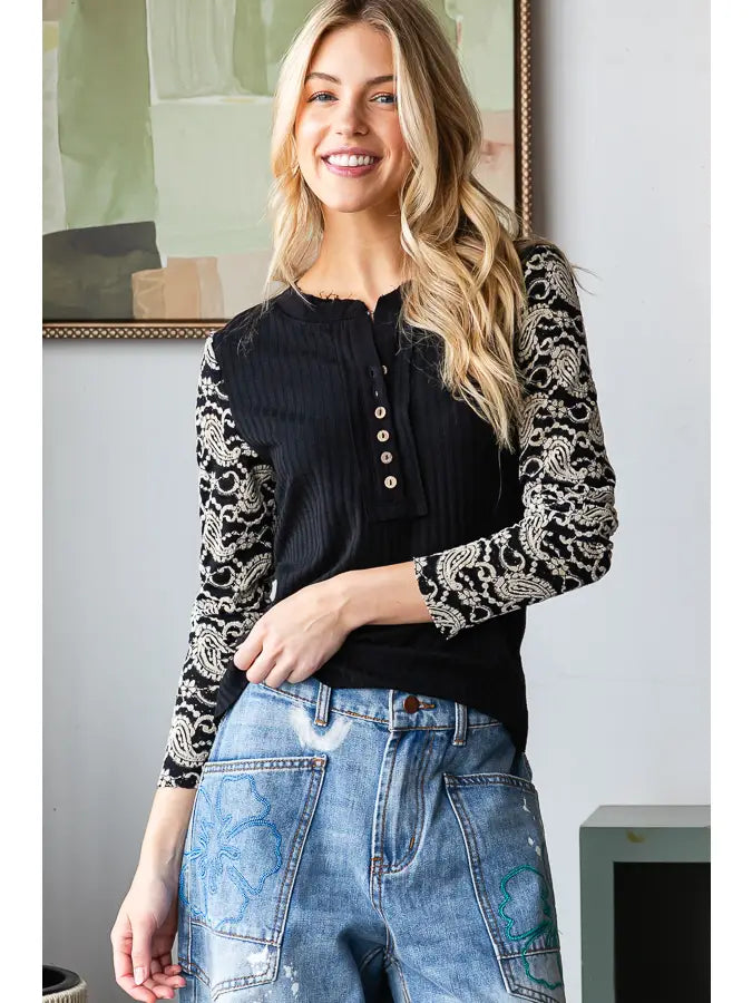 Velvet Lace Sleeve Black and Cream  Henley Long Sleeve