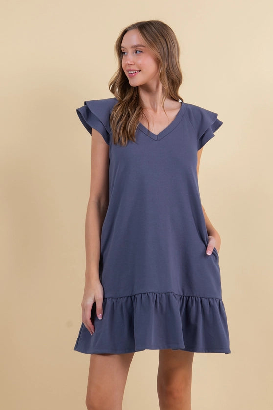 French Terry Double Ruffle Cap Sleeve Mini Dress