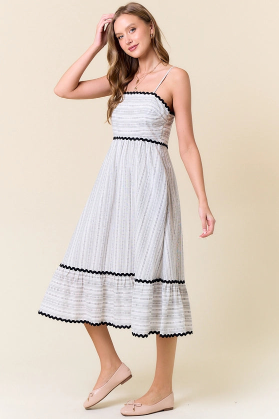 Striped Rick Rack Trimmed Tiered Midi Dress