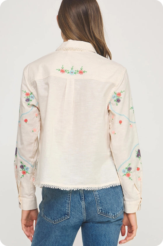 Flower Embroidery Long Sleeve Linen Shirt