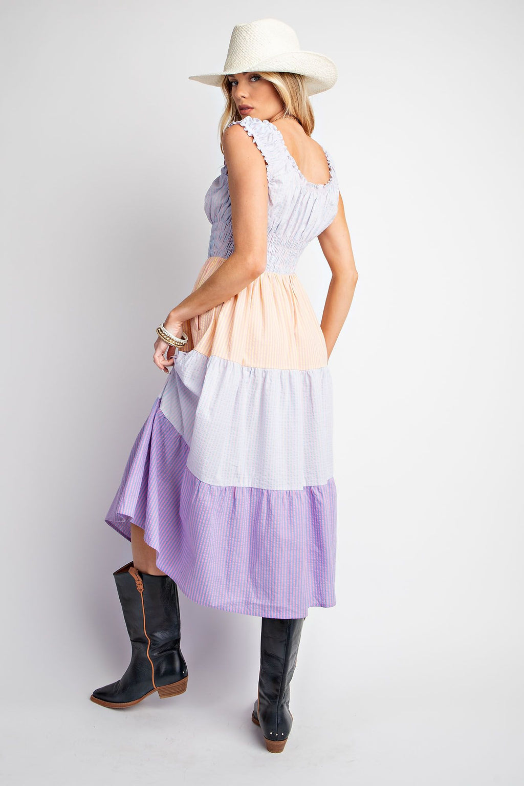 Mix Block Stripe Woven Tiered Dress in Lavender