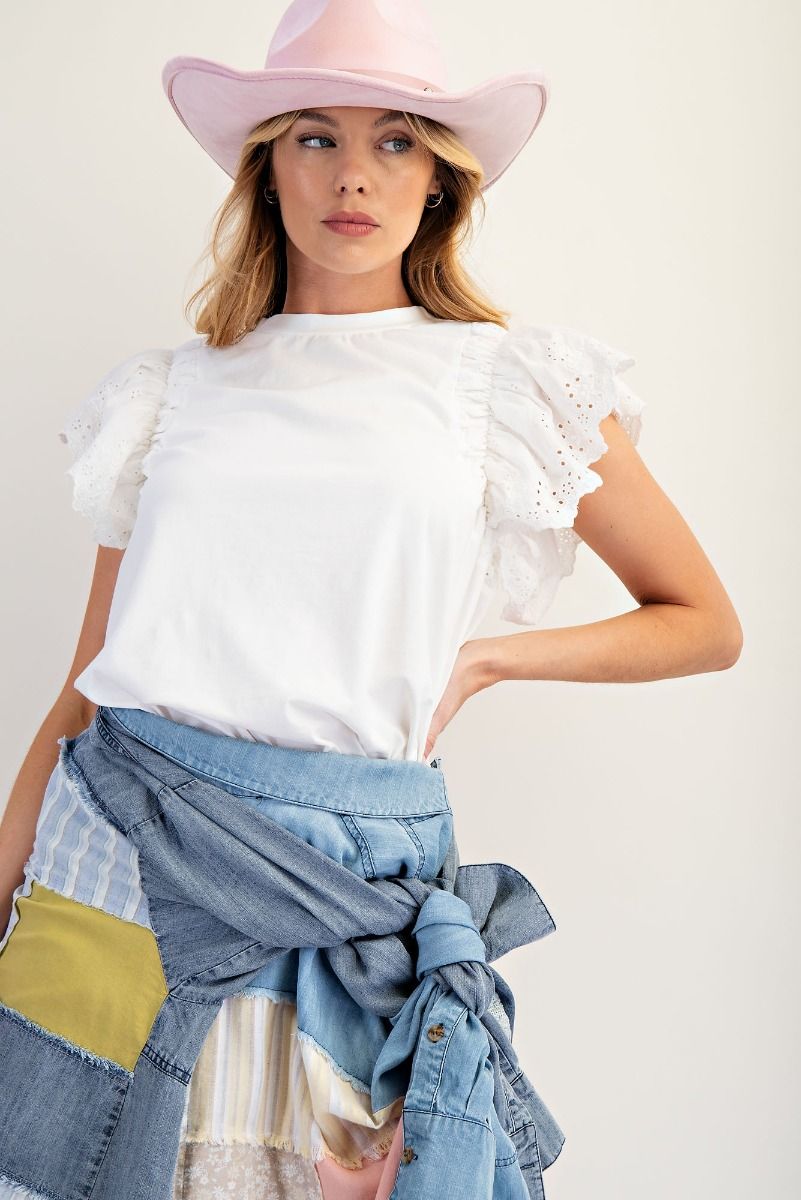 Eyelet Sleeve Top in White