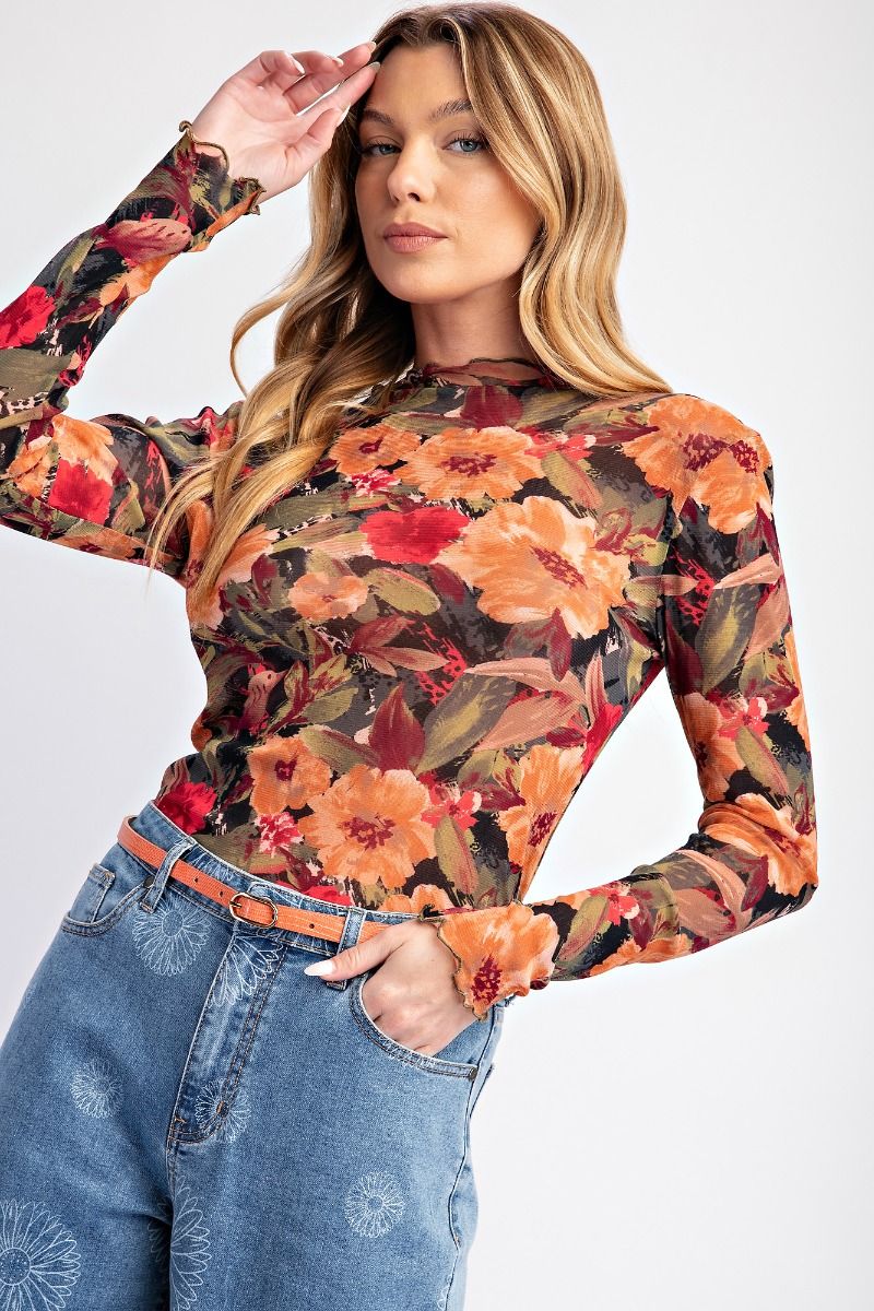 Floral Print Black and Red Mesh Top