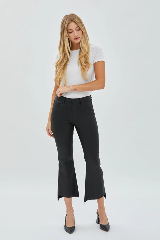 Black Coated Step Hem Cropped Flare Jean