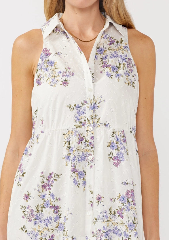 Floral Eyelet Sleeveless Tiered Shirt Dress in Lavendar