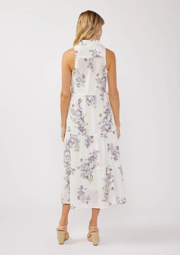 Floral Eyelet Sleeveless Tiered Shirt Dress in Lavendar