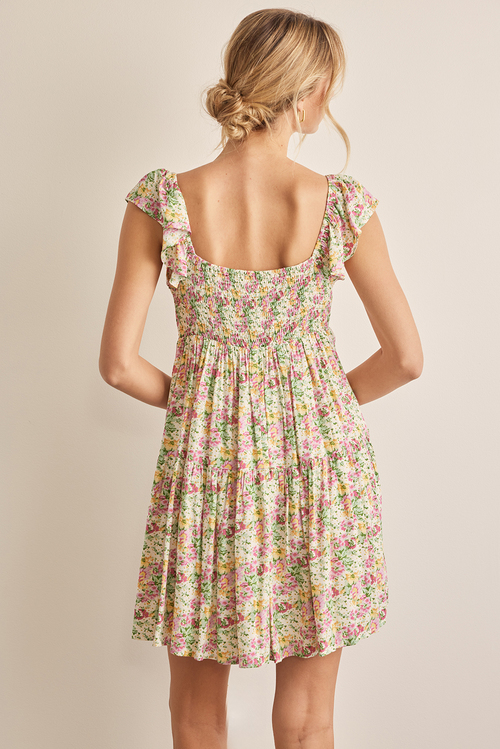Flower Print Shoulder Smocked Linen Mini Dress