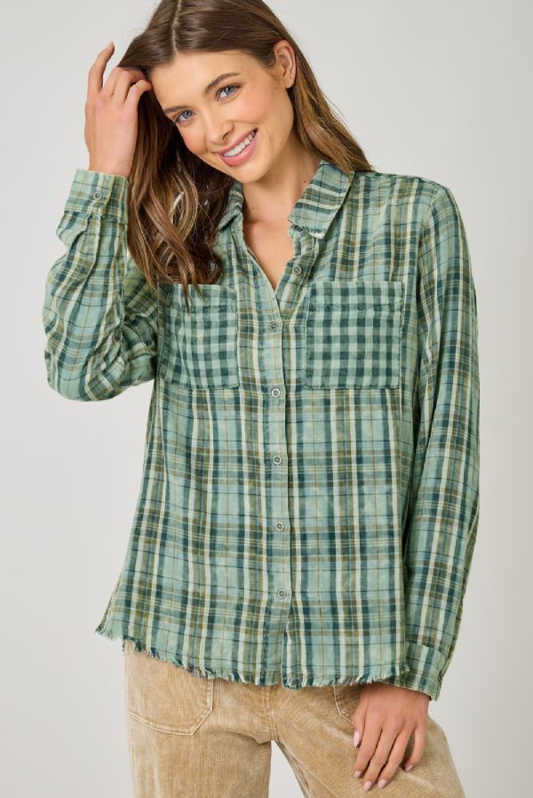 Fringe Detail Washed Plaid Shirt
