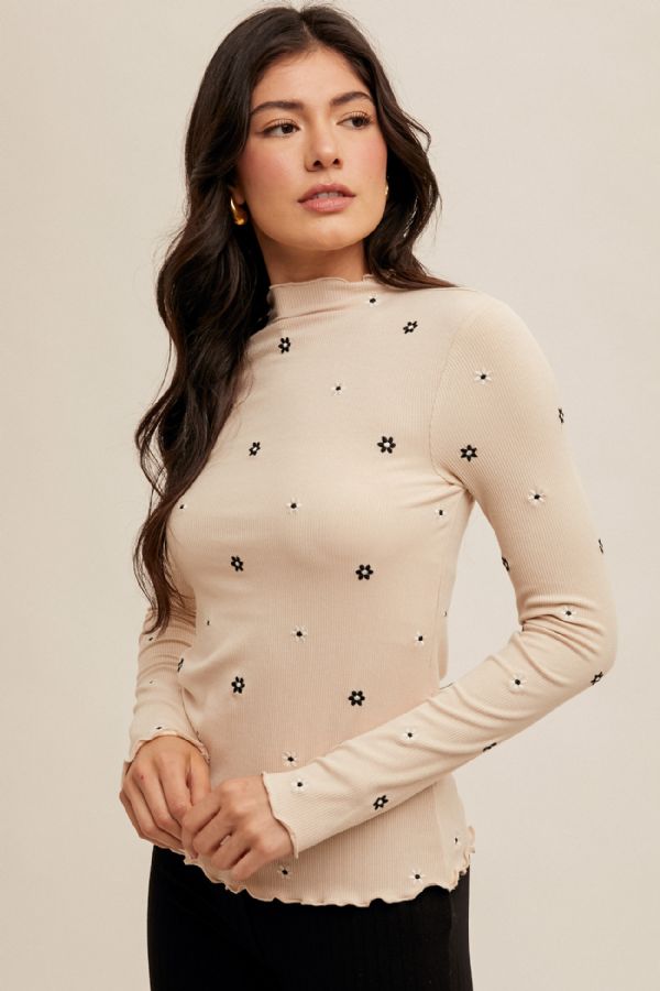 Embroidered Rib Mock Neck Long Sleeve