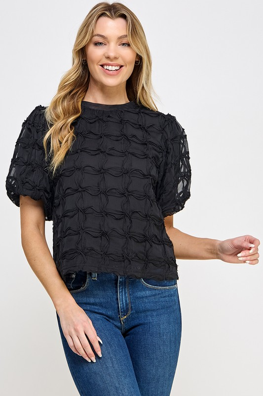 Puff Sleeve Textured Blouse in Black