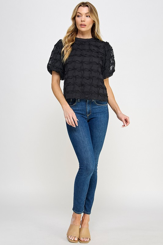 Puff Sleeve Textured Blouse in Black