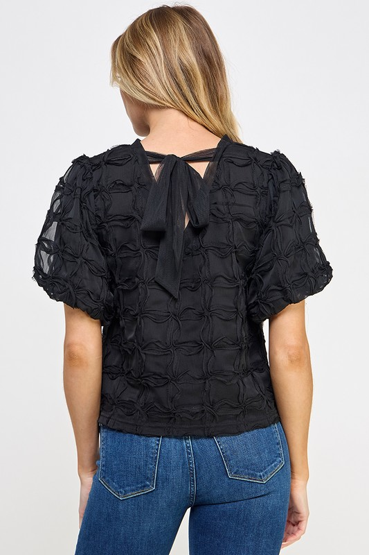 Puff Sleeve Textured Blouse in Black