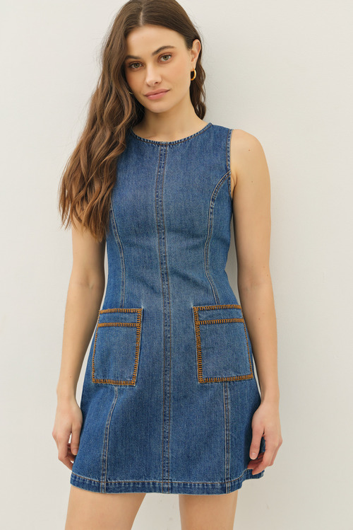 Denim Dress With Brown Stitching