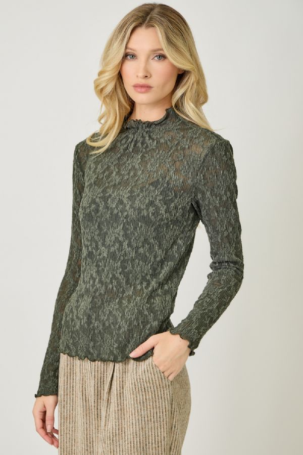 Textured Knit Lace Top in Deep Green