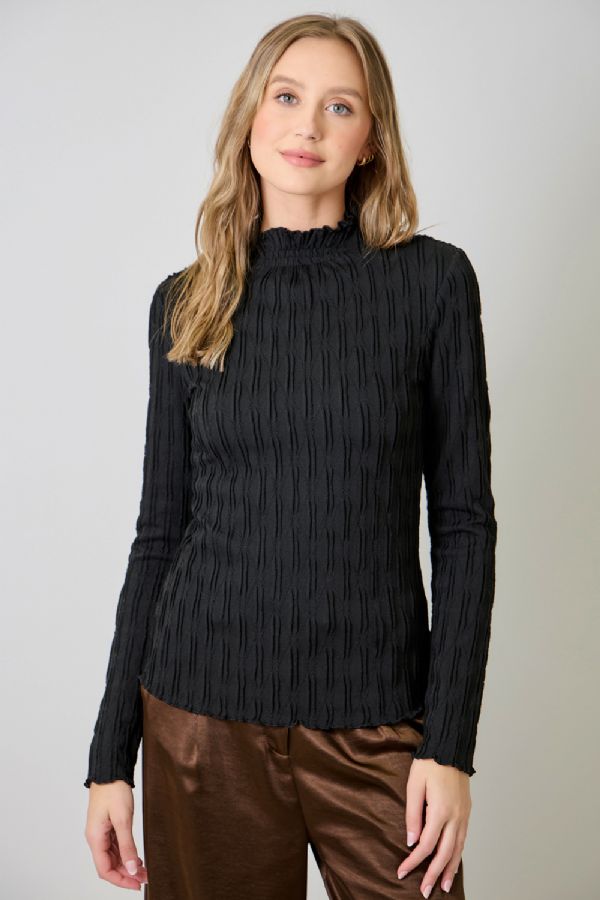 Lettuce Edge Texture Knit Top in Black
