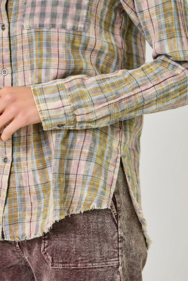 Fringe Bottom Washed Plaid Top