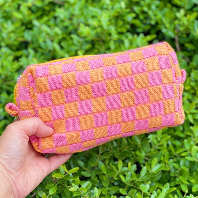 Checkered Cosmetic Bag Pink and Orange