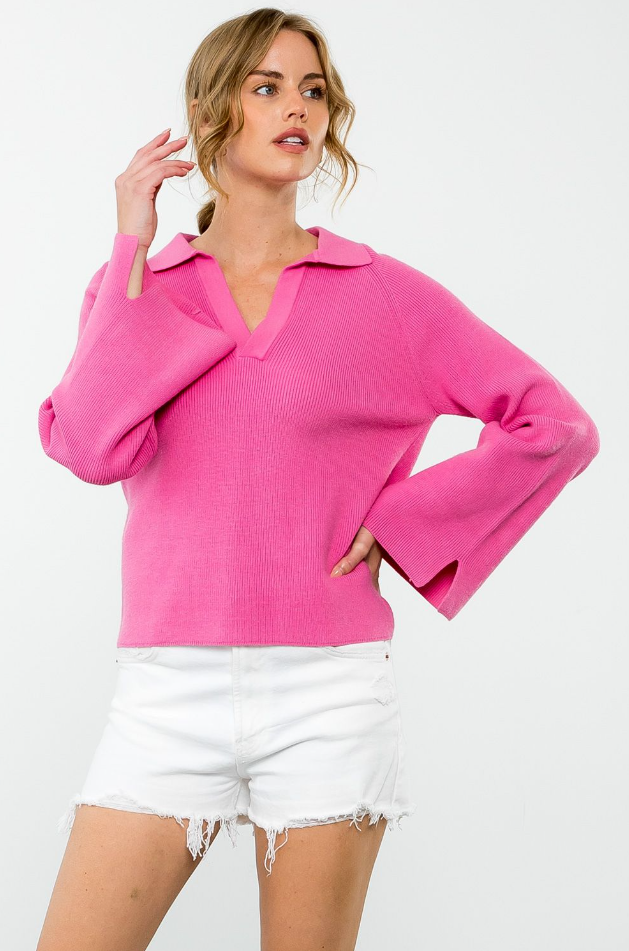 Collared Rib Knit Long Sleeve Sweater Pink