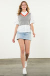 Poplin Sleeve Grey and Orange Trim Knit Top