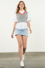 Poplin Sleeve Grey and Orange Trim Knit Top