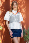 Poplin Sleeve Grey and Orange Trim Knit Top