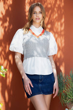 Poplin Sleeve Grey and Orange Trim Knit Top