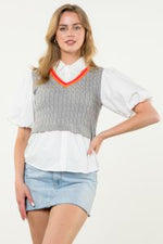Poplin Sleeve Grey and Orange Trim Knit Top