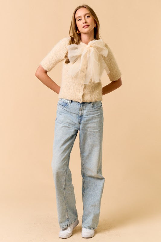 Short Sleeve Sweater Top with Front Chiffon Bow