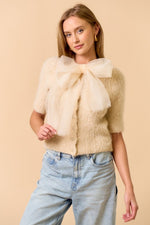 Short Sleeve Sweater Top with Front Chiffon Bow