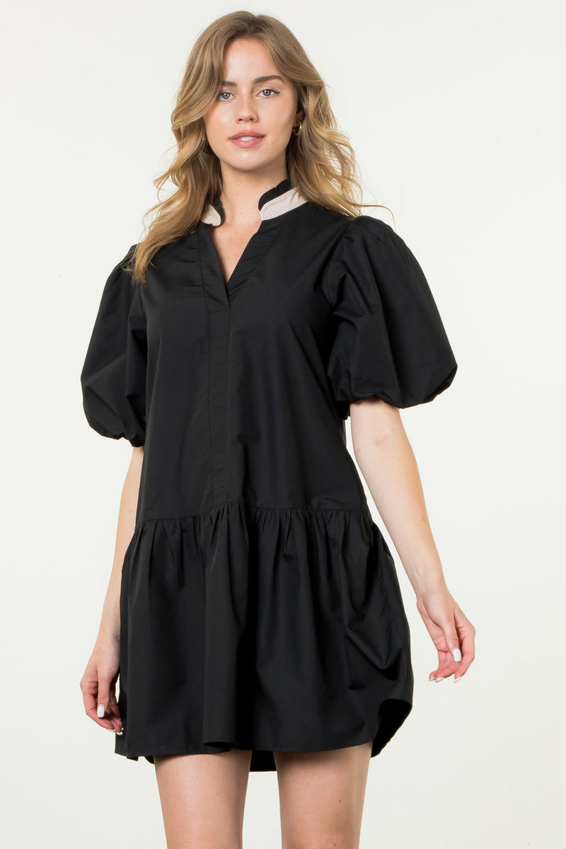 Puff Sleeve V-Neck Dress in Black