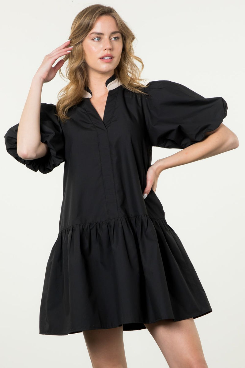 Puff Sleeve V-Neck Dress in Black