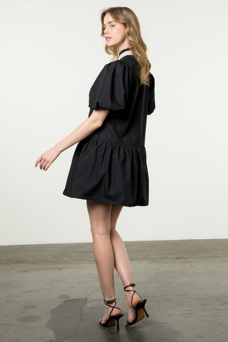 Puff Sleeve V-Neck Dress in Black