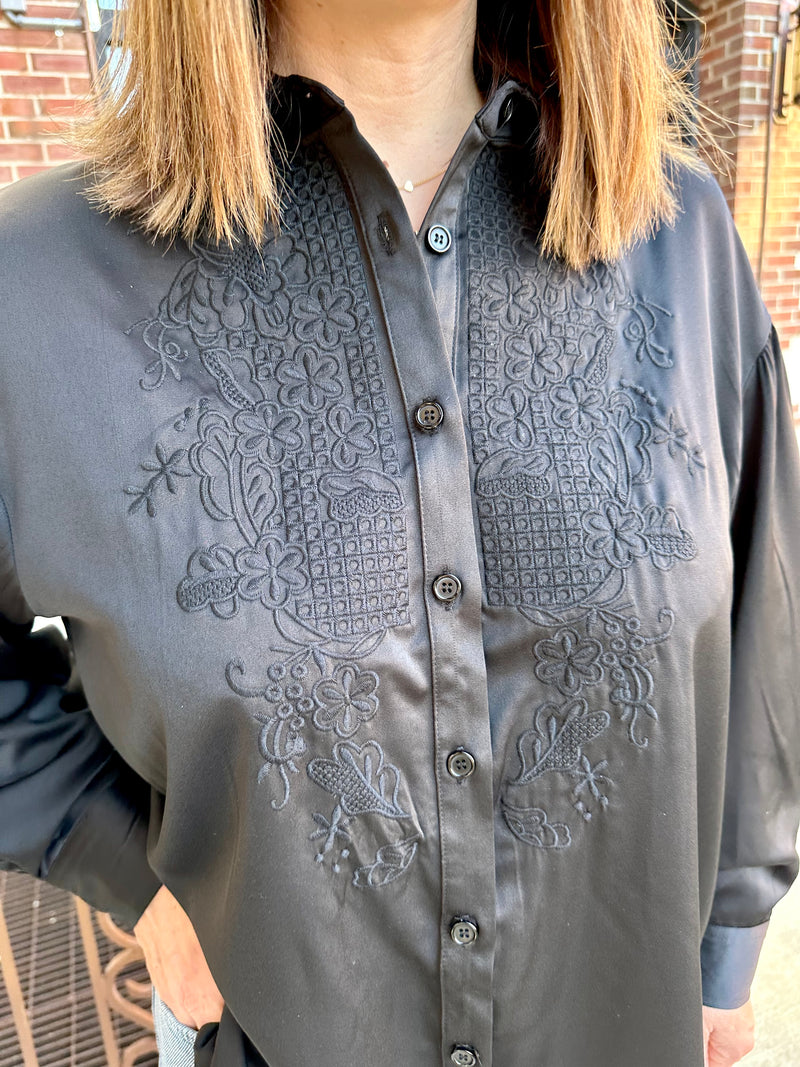 Embroidered Silky Button Down Top