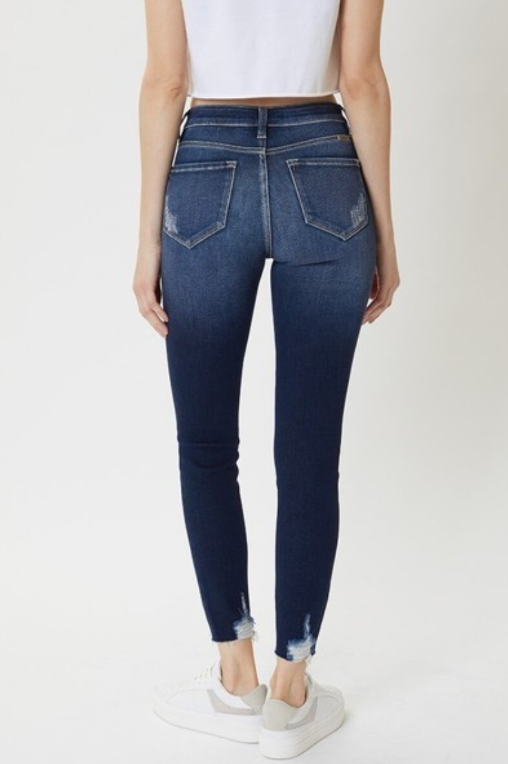 High Rise Hem Detail Ankle Skinny Dark Blue